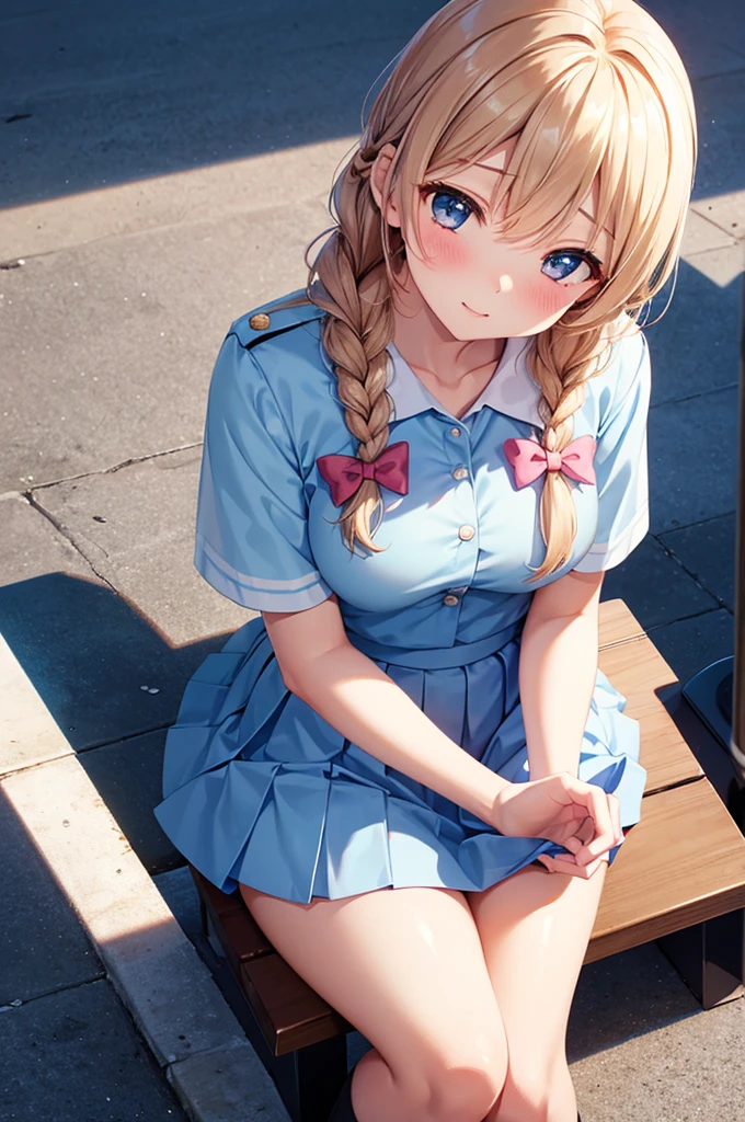 From above, (Squint your eyes:1.2), close, One Girl, blush, sit, nsfw,beautiful girl,Wear a uniform, Light blue skirt, Anime move,Braid