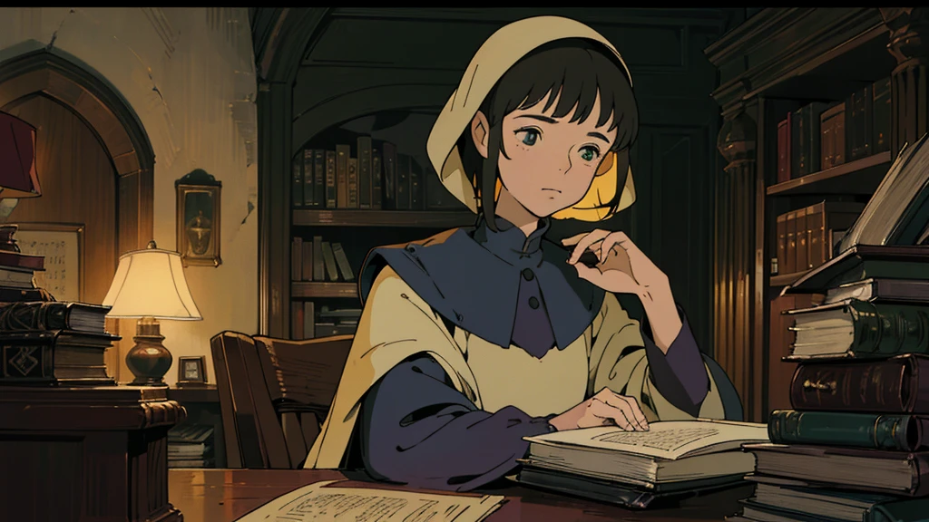 A girl, ensconced in a cozy corner on a rainy evening, sits surrounded by a jumble of books with an intensely profound study attitude. The soft yellow glow of the desk lamp illuminates her thoughtful expression, revealing her deep concentration and composed posture. Her inquisitive eyes dart back and forth between the pages, her nimble fingers turning them with subtle tilt, as she absorbs the old world wisdom contained within. The timeworn margins and sultry aura of the books add to the quiet night ambiance, creating a peaceful and tranquil countenance. This scholarly young woman, clad in plain attire, appears to be a seeker of knowledge and intellect