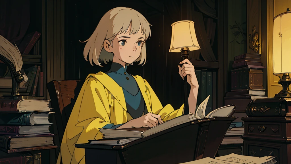 A girl, ensconced in a cozy corner on a rainy evening, sits surrounded by a jumble of books with an intensely profound study attitude. The soft yellow glow of the desk lamp illuminates her thoughtful expression, revealing her deep concentration and composed posture. Her inquisitive eyes dart back and forth between the pages, her nimble fingers turning them with subtle tilt, as she absorbs the old world wisdom contained within. The timeworn margins and sultry aura of the books add to the quiet night ambiance, creating a peaceful and tranquil countenance. This scholarly young woman, clad in plain attire, appears to be a seeker of knowledge and intellect