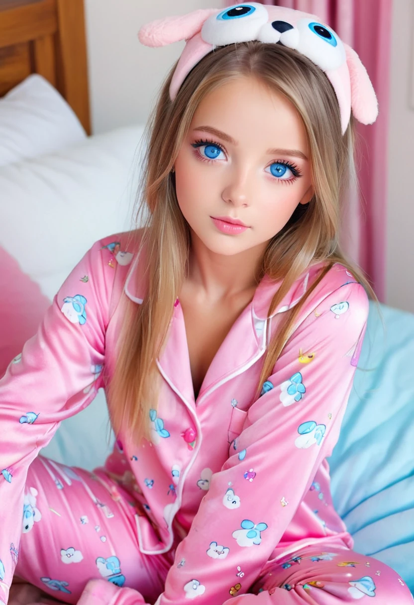 Beautiful girl In cute pink pajamas, beautiful blue eyes