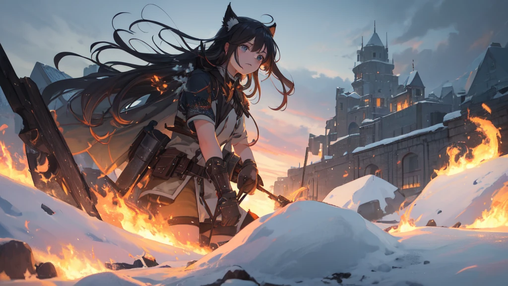 masterpiece:1.2), best quality , 独奏 ,pixiv, anime girl ,long straight white hair , black eyes ,Wearing off-white camouflage uniform ,ten years old,military fortress,(Eyes looking into the distance:1.3),(look away:1.5),snowy weather,dirty face,The background is a city in flames with blood on the forehead,dirty face,Backlight,Bare rocky peaks ,Fierce flames are burning,The expression is sad,Grit your teeth,burning armored vehicle,