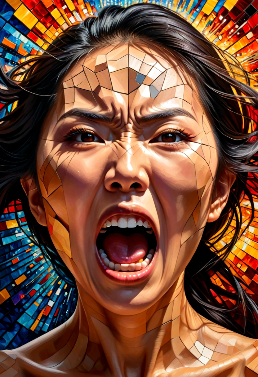 oil painting,Asian woman face(Only the face that opened its mouth very wide screamed in anger.),Something flew out of the mouth.,(Side view)Explosion of body parts into 3D cubes , Mosaic art, masterpiece, bright colors,  ,  Highly detailed, , fractal art, , 8K, geometric concept art, sharp line