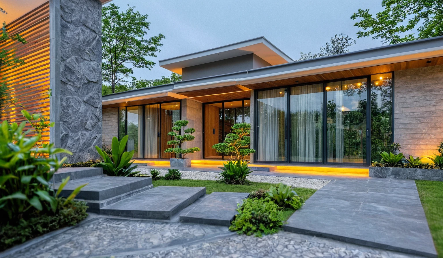 Real pictures of houses with balconies and balconies, idea houses, architectural ideas, architectural drawings, house designs, real pictures, daylight, beautiful plants, gray aluminum glass doors , interior lighting, spot light, 8k.