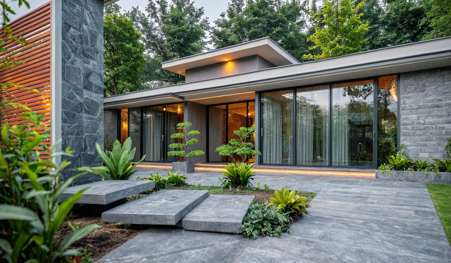 Real pictures of houses with balconies and balconies, idea houses, architectural ideas, architectural drawings, house designs, real pictures, daylight, beautiful plants, gray aluminum glass doors , interior lighting, spot light, 8k.