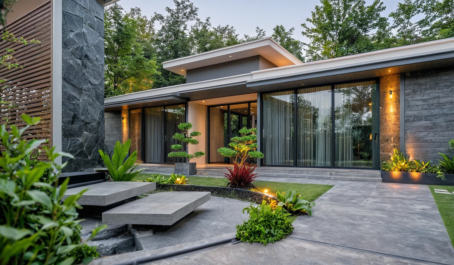 Real pictures of houses with balconies and balconies, idea houses, architectural ideas, architectural drawings, house designs, real pictures, daylight, beautiful plants, gray aluminum glass doors , interior lighting, spot light, 8k.
