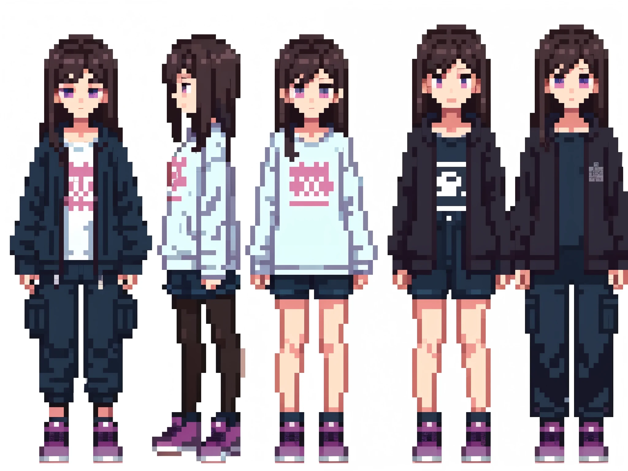 Woman, girl, 20 years old, downtrodden girl, tired girl, confused girl, uncertain posture, long hair, black hair, brown hair. eyes with a transition from blue to purple, dark hair, anime style, 4k image, full body, white background, list of characters, short stature, modern appearance. Character design scheme, all the details have been worked out, front view, back view, modern clothes, full-fledged clothes, baggy clothes, cheap clothes, detailed face, character design scheme, whole body, many details, front view, back view, very detailed, deep, elaborated facial expression