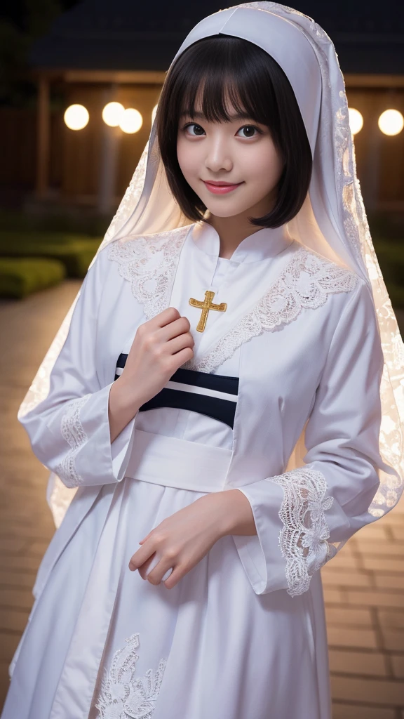 (オナニー:2.0),(A Ultra cute young Japanese nun:2.0),(she wearing a decorated with lace nun costume and scart slim fit:2.0),(beautiful detailed dropped eyes:2.0),beautiful detailed lips, (extremely detailed cute and beautiful face:2.0), longeyelashes, (slender woman body:1.5), (beautiful short hair:2.0), (natural makeup,big smile:1.5), incredibly beautiful skin,(professional lighting, bright lighting, photorealistic, 8k, high resolution, best quality, masterpiece, ultra-detailed:1.75), vivid colors, (Moonlit Night:1.5),(The moonlight shines on her face:1.2),(She is in the convent:1.2)