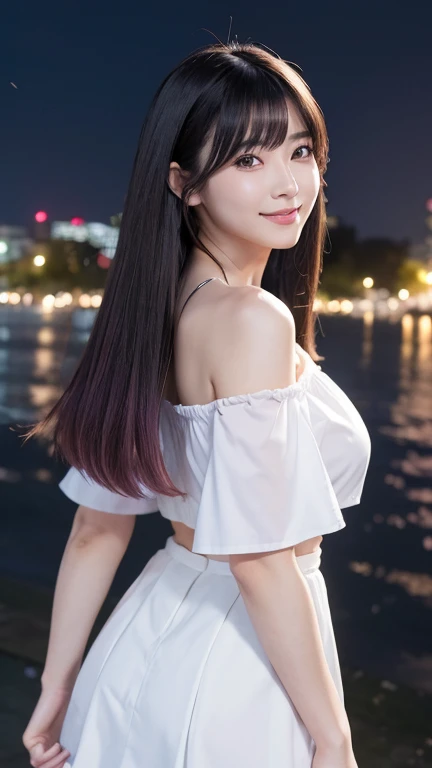 ((Back view)),((Look back here)),((Highest quality)),((最high resolution)),((high resolution)),((detailed)),((High definition)),((8K)),((Perfect body)),((Perfect Face)),((Realistic)),((Real)),((Realistic)),((Beauty)),Wharf、Outdoor、night、City、美しいnight景、Black Hair、((Only the tips of the hair are pink))、((Straight hair type))、((Short Hair))、Very dense makeup、Black ruffled off-shoulder top、((Slanted Eyes))、White Skirt、Hair blowing in the wind、(big breasts:1.1)、Mouth closed、smile、((Black clothes))