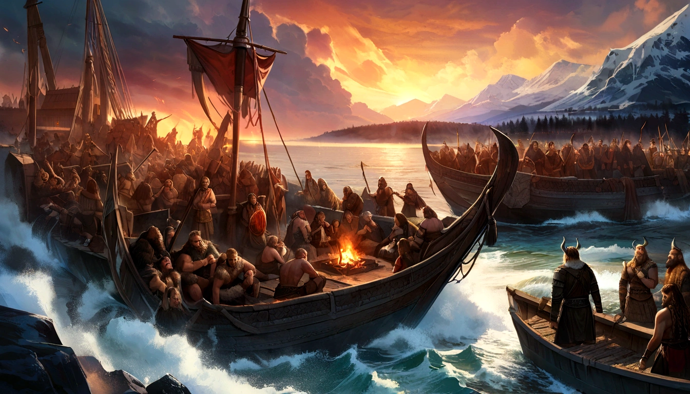 beautiful detailed faces, hairstyles, intense expressions, brave warriors, strong muscles, fierce battles, ancient weapons, shields and swords, intricate armor, Nordic mythology, Viking ships sailing on rough seas, stormy weather, dramatic sky, epic landscapes, snowy mountains, dense forests, roaring waterfalls, misty fjords, mystical runes, Odin and other Norse gods, Valhalla, dragon-headed longships, menacing Viking warlords, courageous shield maidens, Viking society and customs, raids and pillaging, burning villages, looting treasures, ancient runes and symbols, horned Viking helmets, intricate Viking ship carvings, intricate braids and hair decorations, fearless voyages, exploration of new lands, Viking longhouses and settlements, mead halls and feasting, rich Viking craftsmanship, intricate metalwork and jewelry, trading and bartering, Viking culture and traditions, Viking burial ceremonies, bonfires and celebrations, dramatic sunsets and sunrises, powerful storms and thunder, Northern Lights dancing in the sky, shield walls and battles formations, honor and glory-seeking, bloody axes and spears, fearsome sea monsters, fierce loyalty and camaraderie, mythological creatures and beasts, sagas and epic tales, the spirit of adventure and discovery, vivid colors and contrast, realistic textures and materials, professional-grade artwork, high-resolution masterpiece:1.2, photorealistic rendering, dramatic lighting.