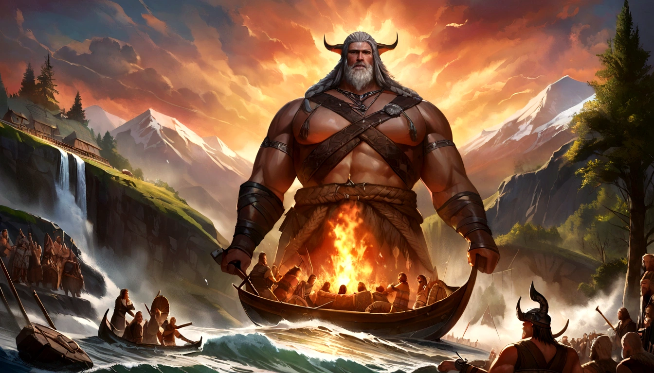 beautiful detailed faces, hairstyles, intense expressions, brave warriors, strong muscles, fierce battles, ancient weapons, shields and swords, intricate armor, Nordic mythology, Viking ships sailing on rough seas, stormy weather, dramatic sky, epic landscapes, snowy mountains, dense forests, roaring waterfalls, misty fjords, mystical runes, Odin and other Norse gods, Valhalla, dragon-headed longships, menacing Viking warlords, courageous shield maidens, Viking society and customs, raids and pillaging, burning villages, looting treasures, ancient runes and symbols, horned Viking helmets, intricate Viking ship carvings, intricate braids and hair decorations, fearless voyages, exploration of new lands, Viking longhouses and settlements, mead halls and feasting, rich Viking craftsmanship, intricate metalwork and jewelry, trading and bartering, Viking culture and traditions, Viking burial ceremonies, bonfires and celebrations, dramatic sunsets and sunrises, powerful storms and thunder, Northern Lights dancing in the sky, shield walls and battles formations, honor and glory-seeking, bloody axes and spears, fearsome sea monsters, fierce loyalty and camaraderie, mythological creatures and beasts, sagas and epic tales, the spirit of adventure and discovery, vivid colors and contrast, realistic textures and materials, professional-grade artwork, high-resolution masterpiece:1.2, photorealistic rendering, dramatic lighting.