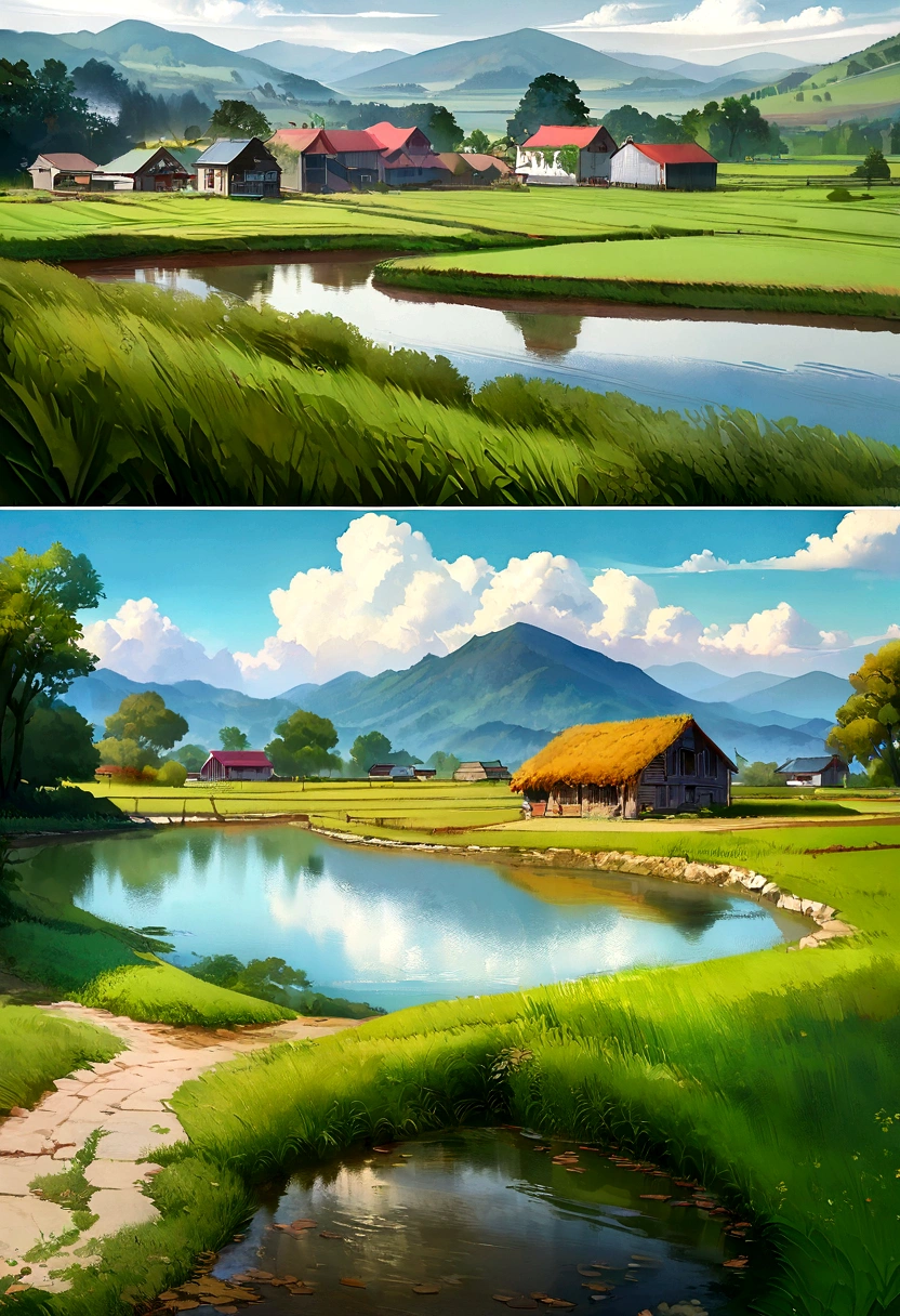 With the American farm as the background, digital painting creator Dai Jin's illustrations depict an anime-style rural landscape with pure colors and rich details, which is very beautiful and full of artistic sense. The details of the house and pond in the picture are rich and realistic, showing the effect of real oil painting, which is amazing. (farm, American scene, anime rural landscape, digital painting, rich details, oil painting effect, artistic sense)