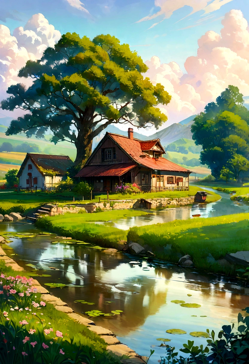 With the American farm as the background, digital painting creator Dai Jin&#39;s illustrations depict an anime-style rural landscape with pure colors and rich details, which is very beautiful and full of artistic sense. The details of the house and pond in the picture are rich and realistic, showing the effect of real oil painting, which is amazing. (farm, American scene, anime rural landscape, digital painting, rich details, oil painting effect, artistic sense)
