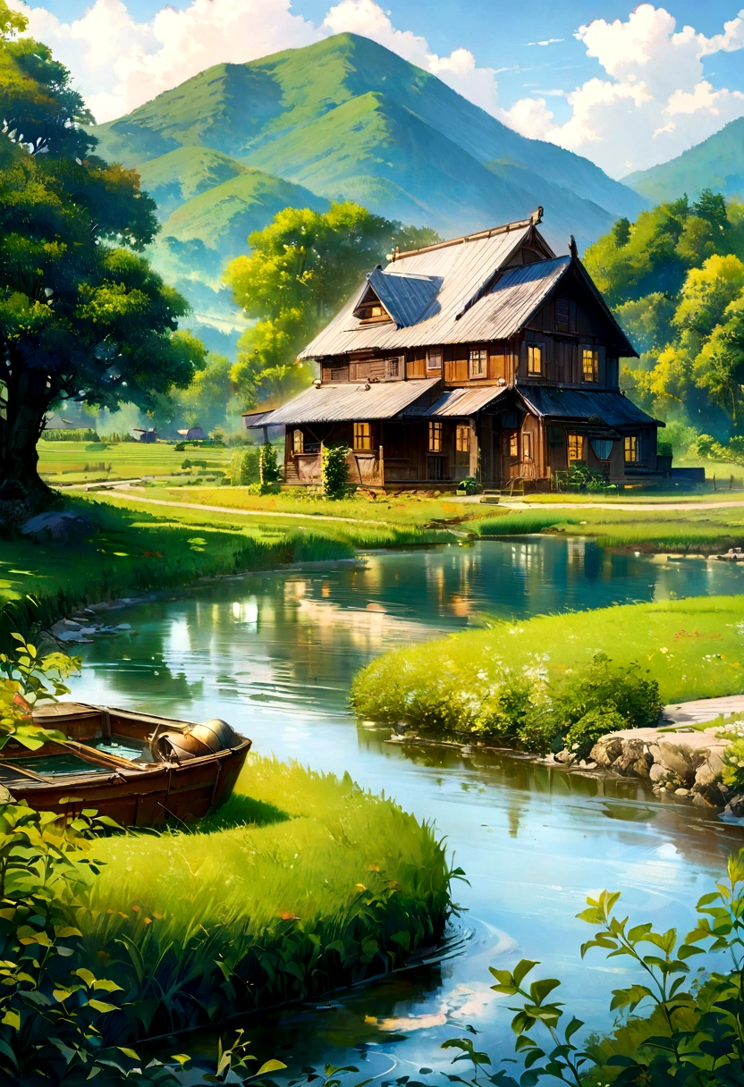 With the American farm as the background, digital painting creator Dai Jin's illustrations depict an anime-style rural landscape with pure colors and rich details, which is very beautiful and full of artistic sense. The details of the house and pond in the picture are rich and realistic, showing the effect of real oil painting, which is amazing. (farm, American scene, anime rural landscape, digital painting, rich details, oil painting effect, artistic sense)