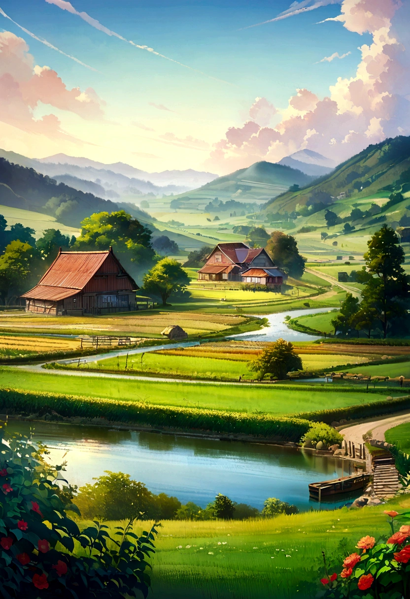 With the American farm as the background, digital painting creator Dai Jin&#39;s illustrations depict an anime-style rural landscape with pure colors and rich details, which is very beautiful and full of artistic sense. The details of the house and pond in the picture are rich and realistic, showing the effect of real oil painting, which is amazing. (farm, American scene, anime rural landscape, digital painting, rich details, oil painting effect, artistic sense)