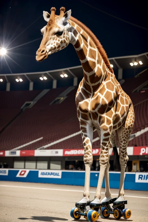 A giraffe wearing a Corinthians shirt and wearing roller skates