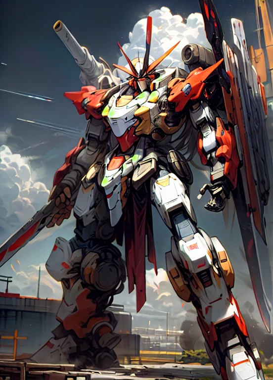 超High resolution, High detail,8K, Highest quality ,masterpiece, null, cloud, Weapons in hand ,(Has a huge weapon: 1.5),Beam sabre、Carrying a large weapon on his back, 大地に立つrobot、(robotの前に立つパイロット:1.5), flash, robot, building, Shine_eye, 赤いMecha, science_fiction, Hong Kong City, Realistic,Mecha、Impressive、Impressive、A delicate touch、(Touch from the front:1.2)、robot大戦、Mecha, Flight, Funnel, Mecha Ship,(whole body), (Black Mecha: 1.8), (axial symmetry: 1.4), (High resolution), (Bazooker), 光るeye, nice, sf, fire, universe, Oversized shield, With the beam of a laser cannon, war, Conflict, Impressive、In town