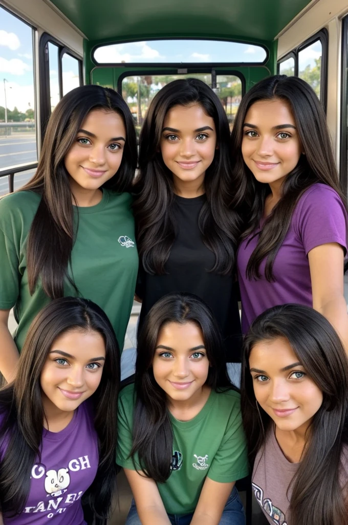 3 friends with green eyes with cute long hair,  have a purple shirt, the second one has black hair and the middle one has, Brown eyes , and black shirt , the third girl with brown skin , short black hair, los Brown eyes y delineado de gato en los ojos, with a green bus, who are in Disney&#39;s Italy 