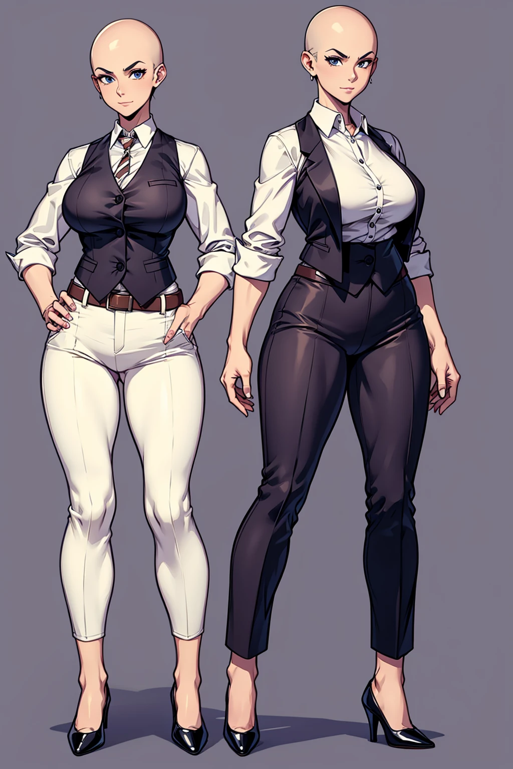 digital art, highly detailed, reference sheet, standing pose, feminine features, mature woman, adult female, whole body, bald, form-fitting, open neckline, vest, office shirt, pants, heeled shoes, 1woman, solo, upper body, lower body, ((Extremely Detailed)), ((Best Quality)), ((Masterpiece)), ((4k))