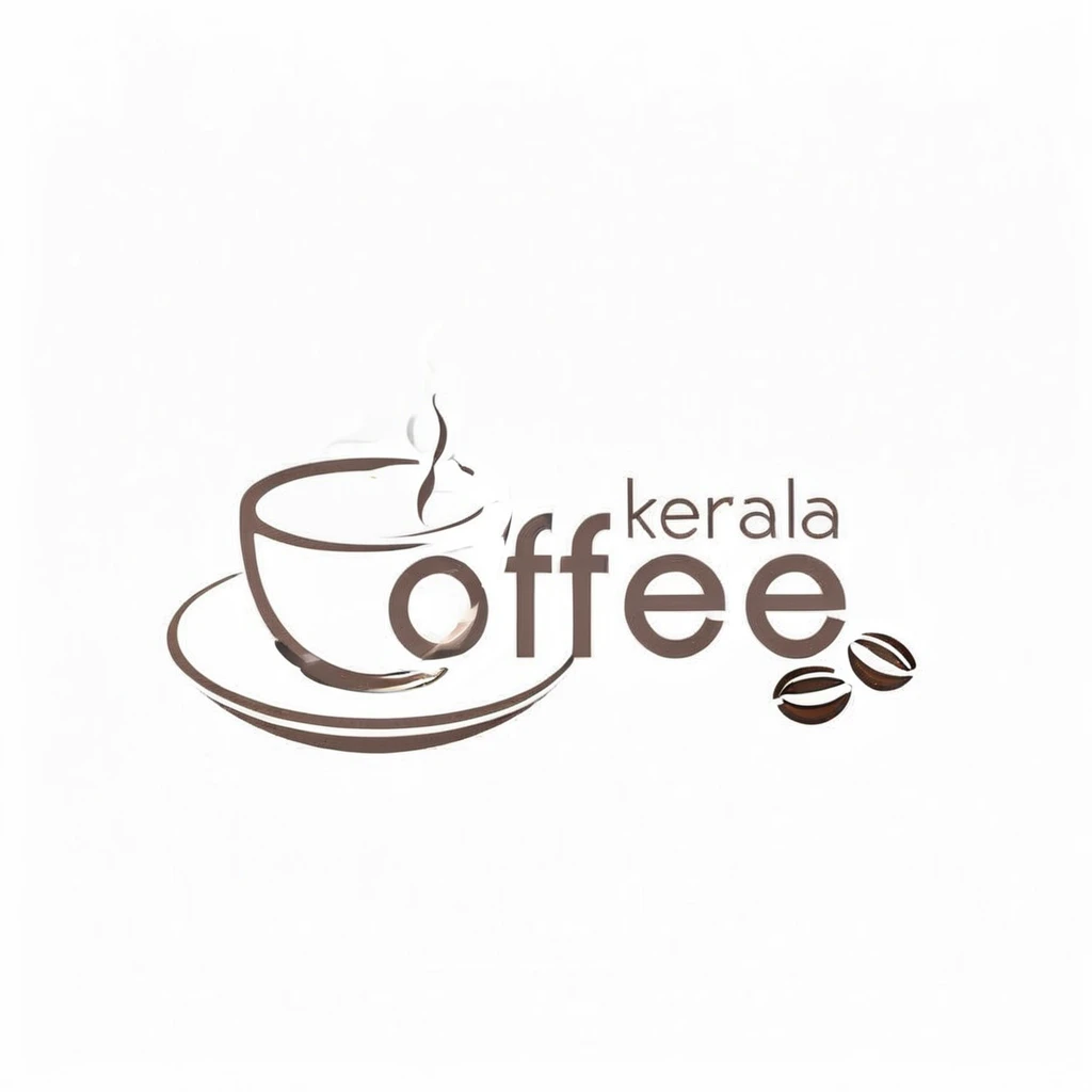 Generate a minimalist logo featuring a stylized coffee cup with steam, placed next to the text 'Kerala Coffee'. Use a modern, lowercase font for 'Kerala', positioning it above the 'o' and 'f' in 'coffee'. Add two coffee beans near the text 'coffee' for extra detail. Ensure the design uses clean lines and a monochromatic color scheme for a sophisticated and elegant appearance. The final logo should be cohesive, memorable, and suitable for a premium coffee brand.
