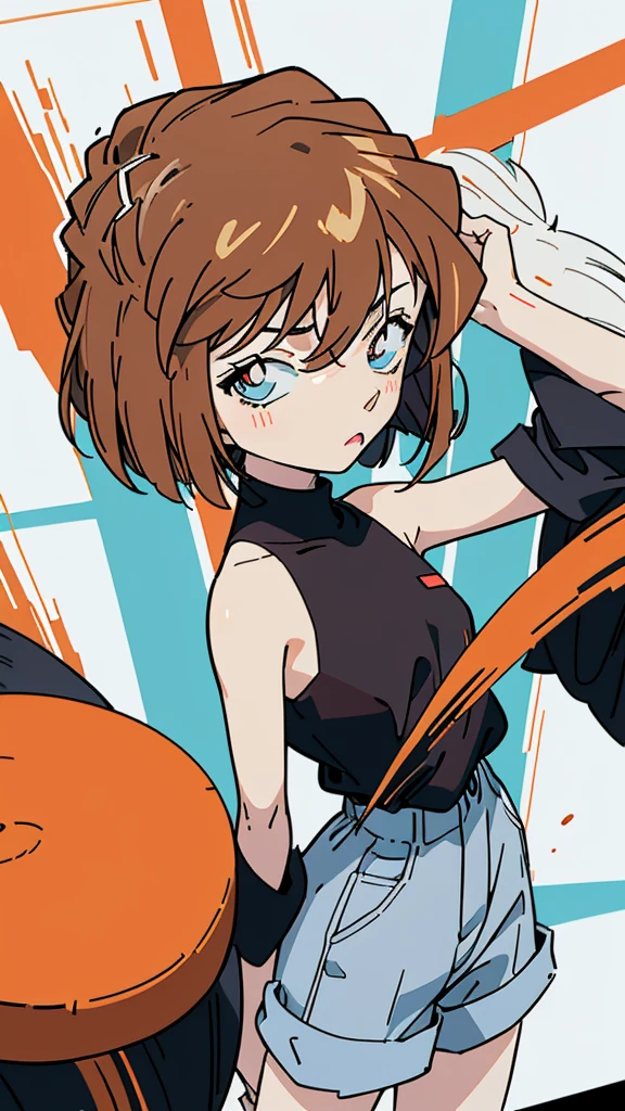 anime style, (1girl in, Solo:1.0), (Haibara Ai), ((Short pants)), (((Big eyes))), (Cute anime girl head), (flat chest),looking at viewer,With a height of 100cm, shoot from front, (head shot), Simple line minimalism, Abstract Art, City background, anime opening movie