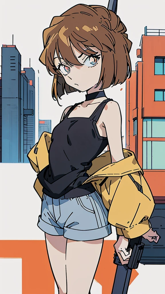 anime style, (1girl in, Solo:1.0), (Haibara Ai), ((Short pants)), (((Big eyes))), (Cute anime girl head), (flat chest),looking at viewer,With a height of 100cm, shoot from front, (head shot), Simple line minimalism, Abstract Art, City background, anime opening movie