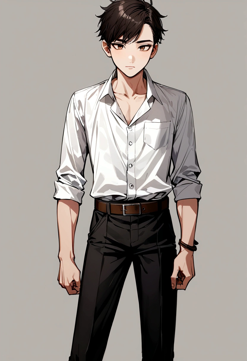 Thai men,Age 15,Wearing a plain white shirt,Wear plain black pants.,Wear a plain brown belt.,Wear white socks