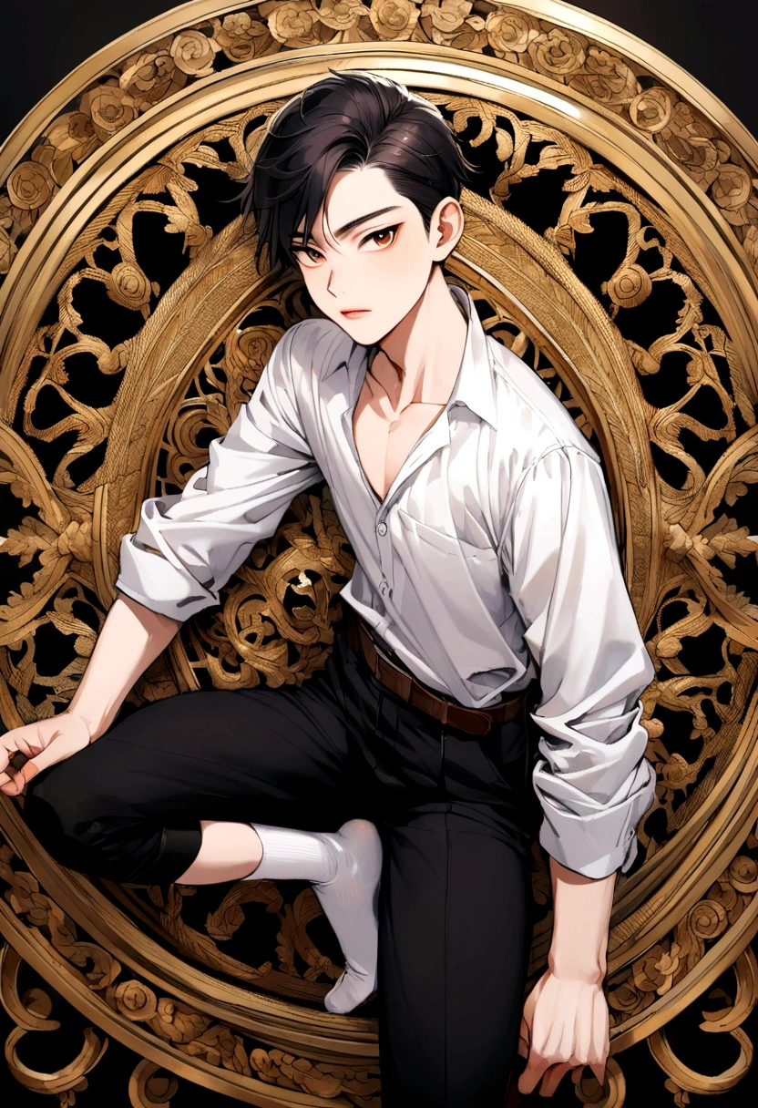 Thai men,Age 15,Wearing a plain white shirt,Wear plain black pants.,Wear a plain brown belt.,Wear white socks