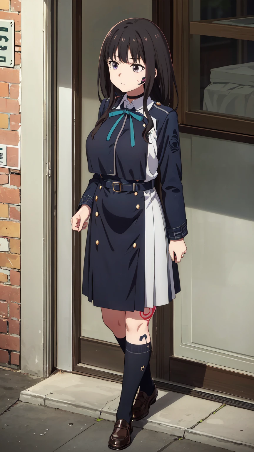 (((Pixel Perfect, Perfect in every detail))), alone, 1 personの女の子, Inoue Check, Licorice Uniform, View your viewers, Mouth closed, (((Pixel Perfect, Perfect in every detail))), alone, 1 person, Chisato Nishikigi, Uniform sake, Looking at the audience, 1 personの女の子, alone, chest, Neck ribbon, Collared shirt, Uniform sake, Two-tone micro mini dress, Blue Dress, Long sleeve, Red Belt, (((1 personの女の子))),(((alone))),(((1 person))).loafers、Black socks、女の子erson, whole body,(Looking up:1.4) alley, Contact us, Talk to your audience、Are Are standing、, 1 Girl}} Are standing,,{Show Viewer,, tattoo, High heels, saliva, tattoo、顔を強調するAre standing、Shaving, (下腹部のtattoo:1.5), (ハートのtattoo:1.5), (belly but ton: 1.1), 女の子1 pon, whole body,choker、slave、 Big Breasts、chestの膨らみ,big、Expressionless、(Blacknee-length socks:1.4)