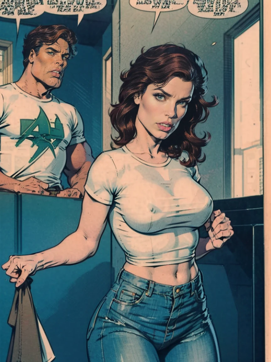 Anna is a sexy woman in her 30s, He has brown hair and green eyes, He has a white t-shirt and blue jeans, he is undressing, taking off his pants
