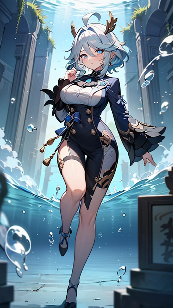 (full body),masterpiece, The best quality at its best, One huge breasted girl, Follina, Genshin Impact, Gray Hair, Blue Hair, Cute big breasts, Tear organ pupil, sad, Clit, Underwater, Air bubbles, big, Fall into oblivion, Abandoned city,Cowboy Shot,Kung Fu Pose,