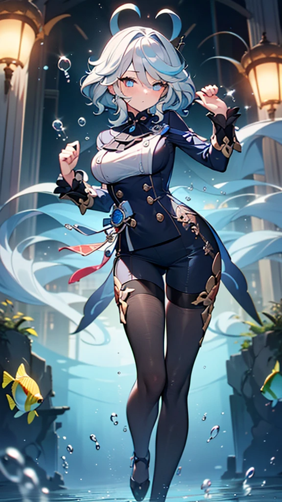 (full body),masterpiece, The best quality at its best, One huge breasted girl, Follina, Genshin Impact, Gray Hair, Blue Hair, Cute big breasts, Tear organ pupil, sad, Clit, Underwater, Air bubbles, big, Fall into oblivion, Abandoned city,Cowboy Shot,Kung Fu Pose,