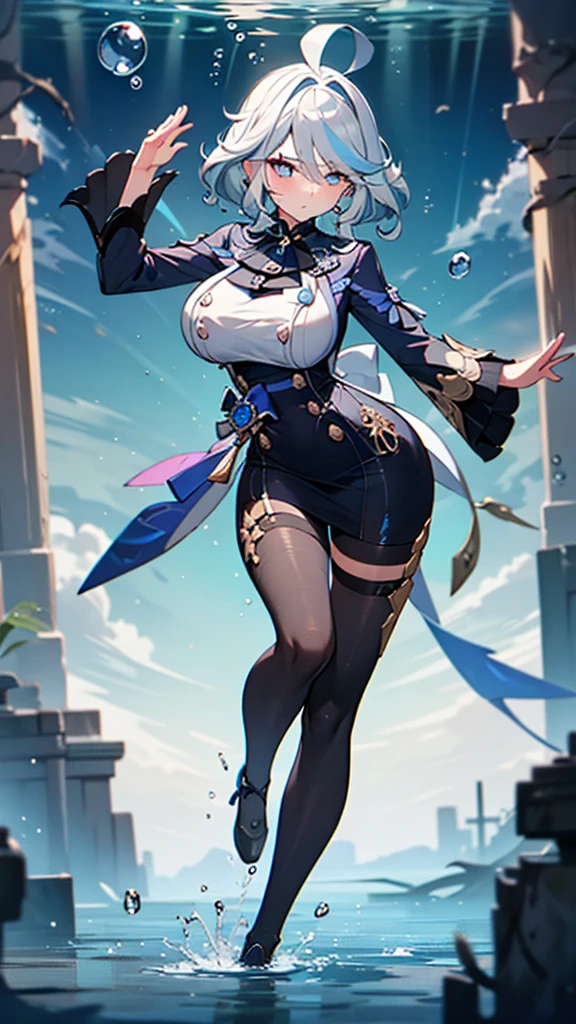 (full body),masterpiece, The best quality at its best, One huge breasted girl, Follina, Genshin Impact, Gray Hair, Blue Hair, Cute big breasts, Tear organ pupil, sad, Clit,  Underwater, Air bubbles, big, Fall into oblivion, Abandoned city，Cowboy Shot，Kung Fu Pose，