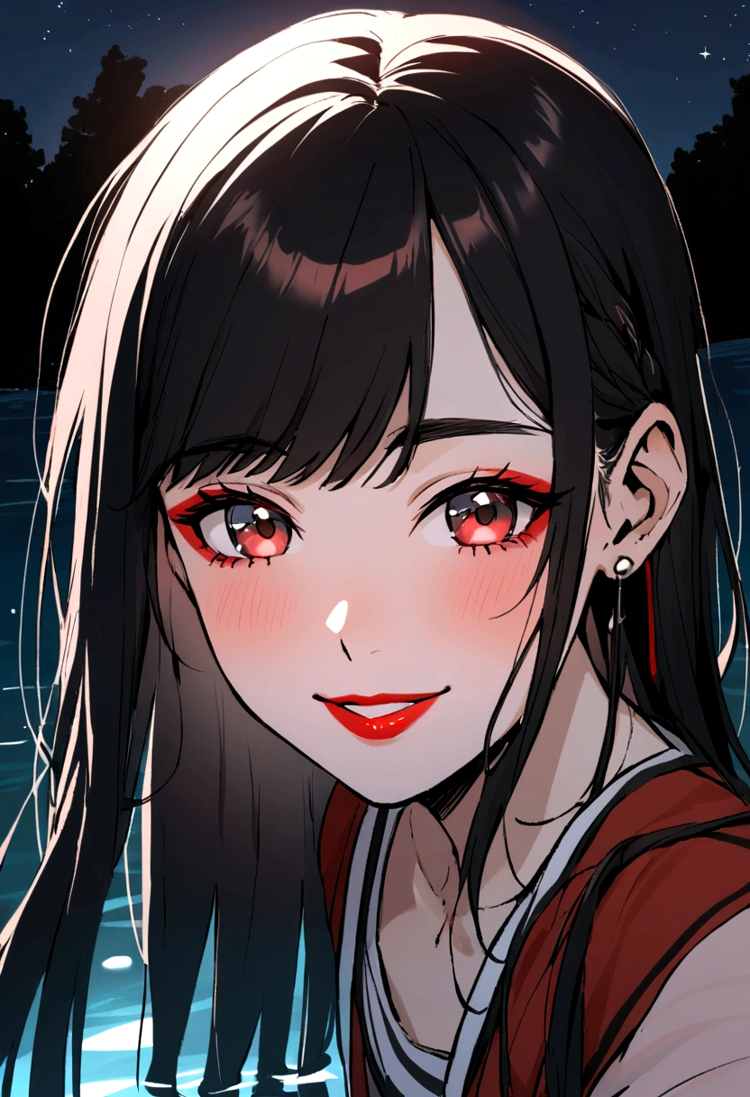 Indigenous 18 years old girl in the river at night, Indigenous 18 years old girl smiling, with makeup and red lips, selfie
