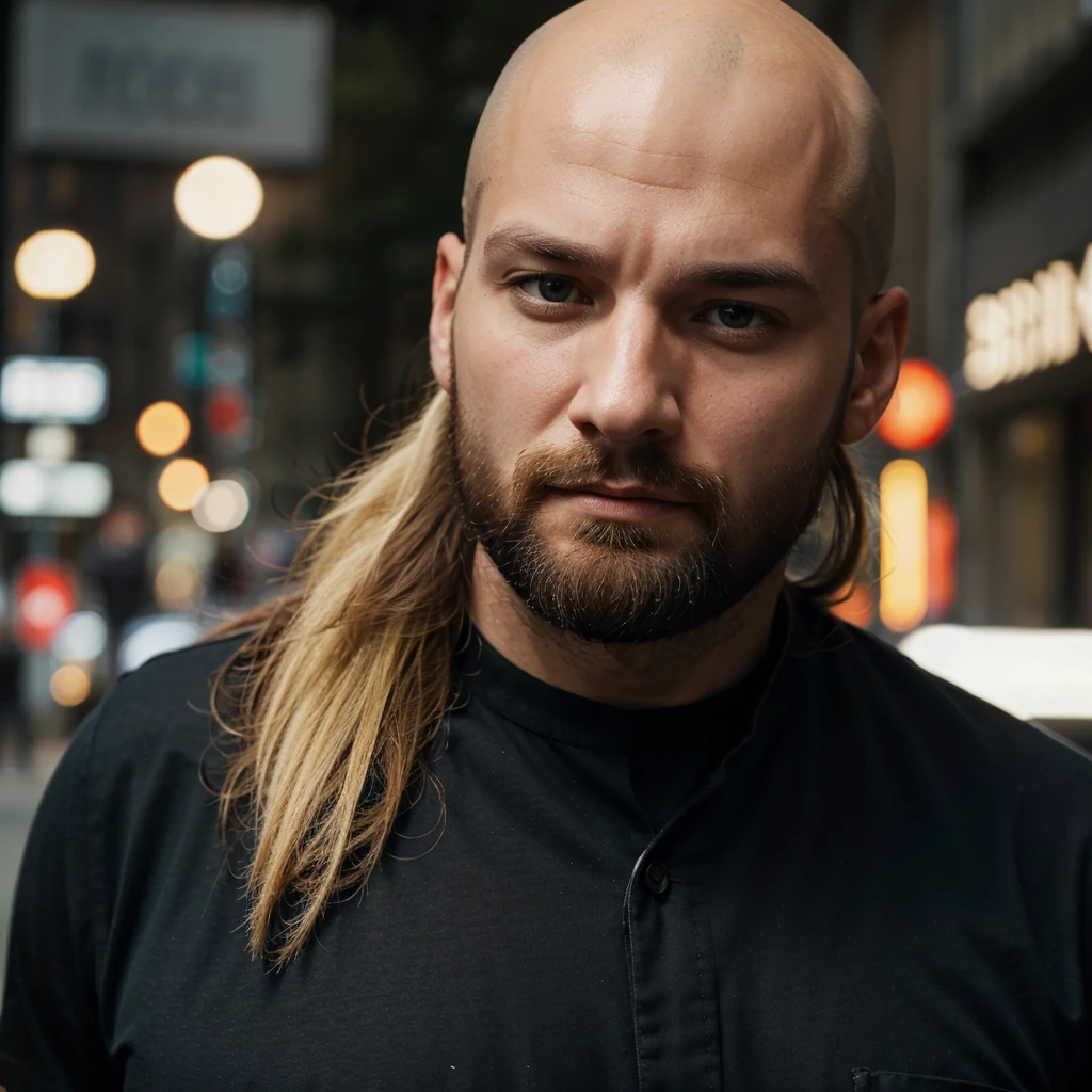 30 year old man. Ultra realistic. 4k. Bald. Bearded. Well dressed. Streets of new York. Head and shoulders. Muscular. Black shirt. Blonde hair. Norwegian heritage
