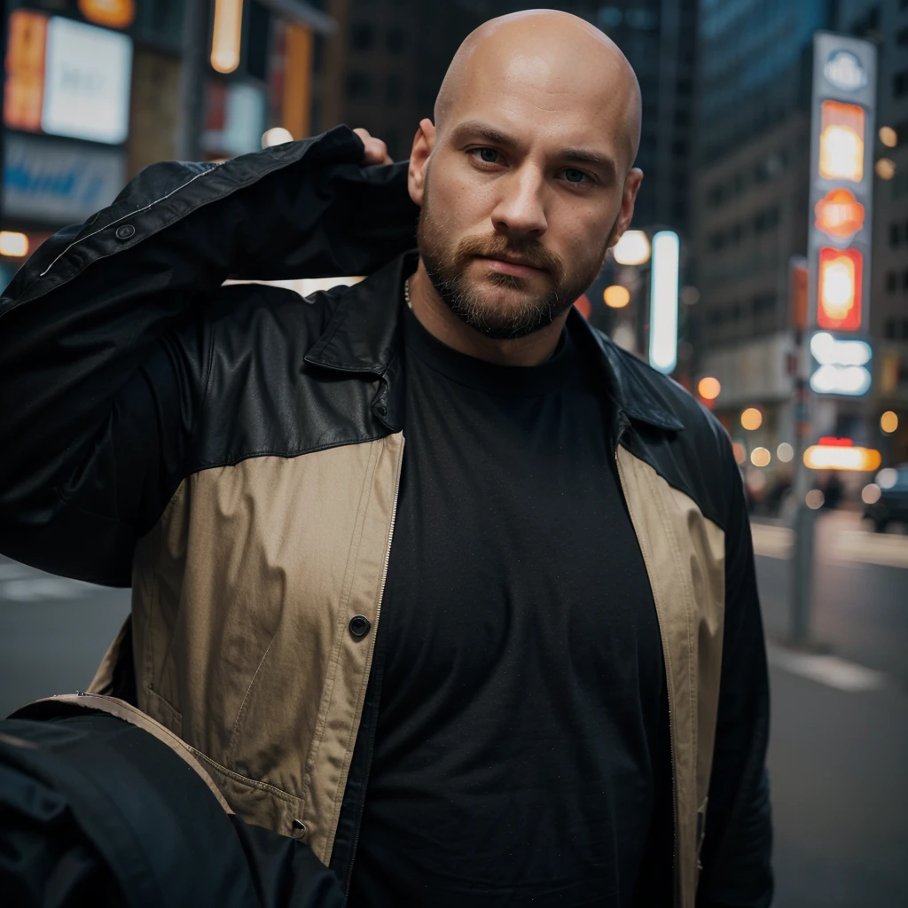 30 year old man. Ultra realistic. 4k. Bald. Bearded. Well dressed. Streets of new York. Head and shoulders. Muscular. Black shirt. Blonde hair. Norwegian heritage 