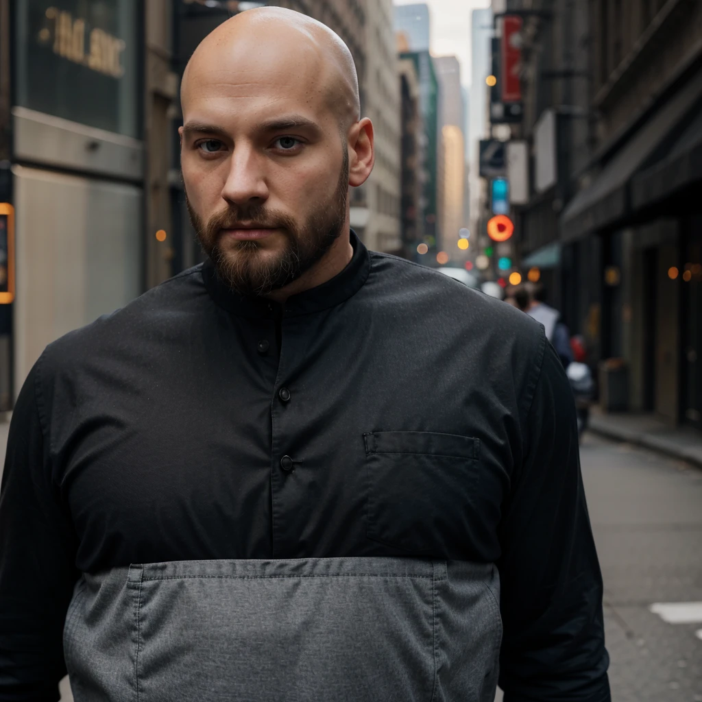 30 year old man. Ultra realistic. 4k. Bald. Bearded. Well dressed. Streets of new York. Head and shoulders. Muscular. Black shirt. Blonde hair. Norwegian heritage