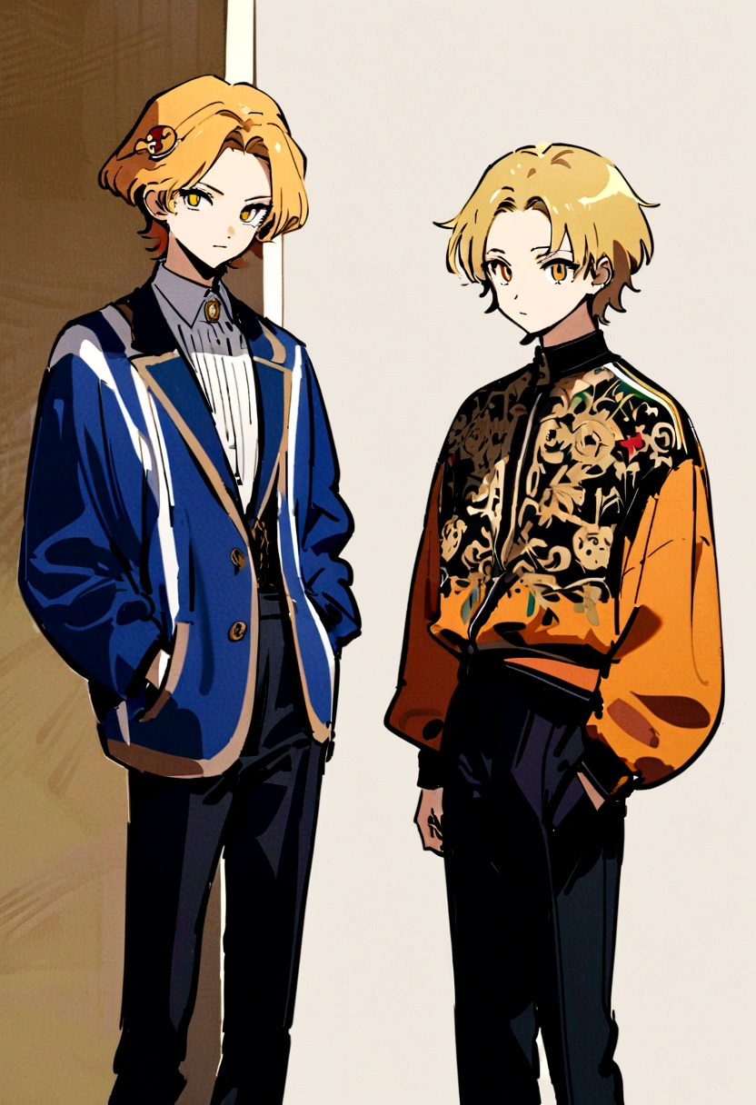 Kizi, flowing golden blonde hair, yellow  eyes, rich clothes, Kizi dos anos 2000, , アニメ, The background is a school, ((best qualityer)), ((work of art)) ((intricado アニメ)) detailedeyes, calm and cute, short hair with clips, hands in pocket