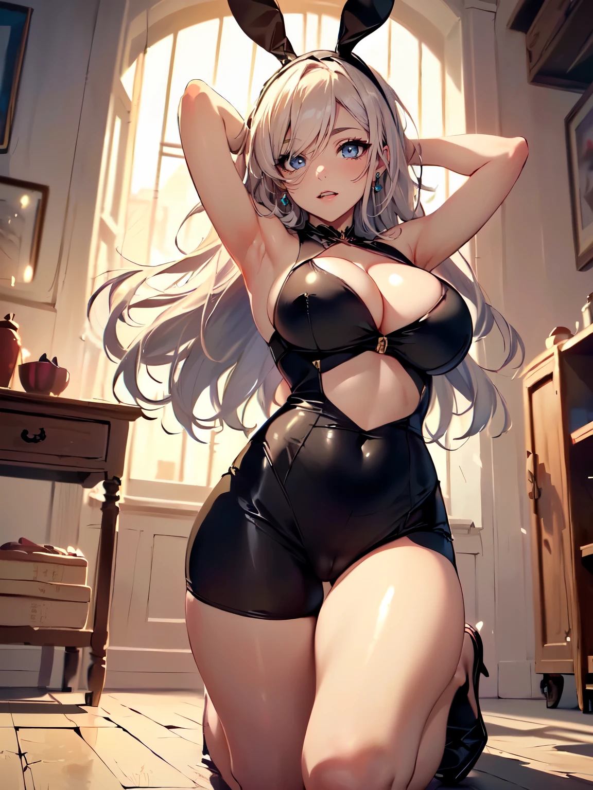 ((Seductive Anime Girl:1.2, 1 lady))、​masterpiece, ultra-detailliert, 8k, Top image quality, digitial illustration, Sharp Focus, Smooth texture、high quality、ultra resolution、glossy realistic skin texture、shiny skin、((looking up at viewer:1.3))、(((kneeling:1.3, open legs,:1.2)))、((arms behind head:1.3, armpits))、((cowboy shot:1.2))、((bunny girl costume:1.3))、((cleavage:1.3))、((crop top navel))、((highleg:1.3))、((huge breasts:1.3))、((huge hip:1.3))、((thick thighs))、((cameltoe:1.3))、collarbone、precise human body structure,  ((lightsmile, Open mouth:1.5, a sultry, in heat, blush, Seductive emotions, agitation)),  