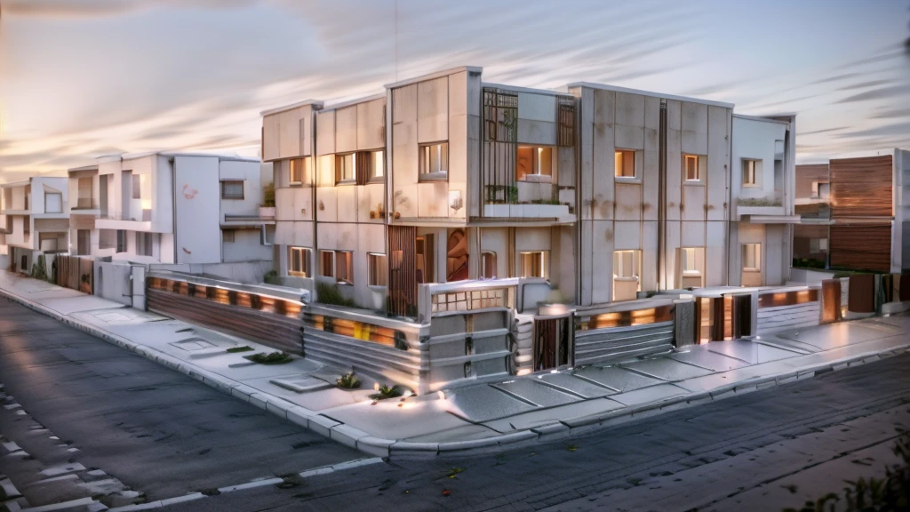 there is a drawing of a building with a red and white stripe, 3 d rendering, 3d rendering, 3d-render, wide angle exterior 2022, rendered, wide establishing shot, 3 d finalrender, 3d finalrender, render 3 d, residential area, vue 3d render, establishing shot, mid-view, close establishing shot