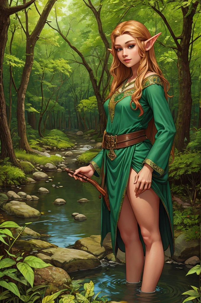 rubenesque elf, standing in a forest glade, small brook, woman