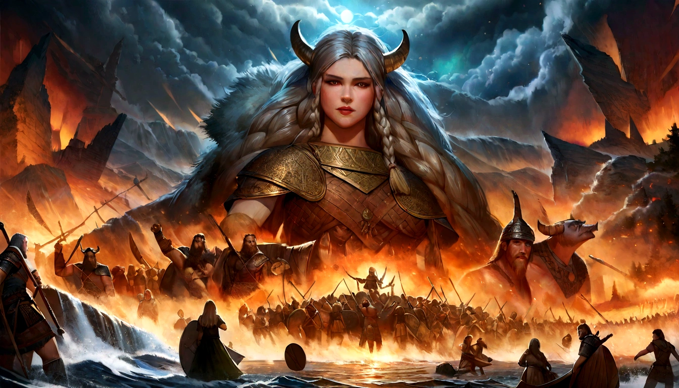 beautiful detailed faces, hairstyles, intense expressions, brave warriors, strong muscles, fierce battles, ancient weapons, shields and swords, intricate armor, Nordic mythology, Viking ships sailing on rough seas, stormy weather, dramatic sky, epic landscapes, snowy mountains, dense forests, roaring waterfalls, misty fjords, mystical runes, Odin and other Norse gods, Valhalla, dragon-headed longships, menacing Viking warlords, courageous shield maidens, Viking society and customs, raids and pillaging, burning villages, looting treasures, ancient runes and symbols, horned Viking helmets, intricate Viking ship carvings, intricate braids and hair decorations, fearless voyages, exploration of new lands, Viking longhouses and settlements, mead halls and feasting, rich Viking craftsmanship, intricate metalwork and jewelry, trading and bartering, Viking culture and traditions, Viking burial ceremonies, bonfires and celebrations, dramatic sunsets and sunrises, powerful storms and thunder, Northern Lights dancing in the sky, shield walls and battles formations, honor and glory-seeking, bloody axes and spears, fearsome sea monsters, fierce loyalty and camaraderie, mythological creatures and beasts, sagas and epic tales, the spirit of adventure and discovery, vivid colors and contrast, realistic textures and materials, professional-grade artwork, high-resolution masterpiece:1.2, photorealistic rendering, dramatic lighting.