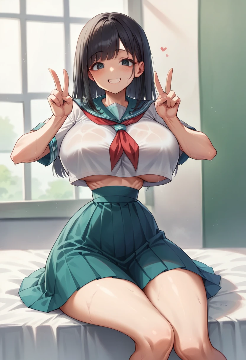 (masterpiece, best quality), front shot, 1girl, kawaii, (super big breasts, micro waist, very long legs:1.4), (medium hair), Black hair, short height, scrawny and thin body, tiny cute face, cute face, kawaii smile, serafuku, pigeon-toed, wet and sweaty, big visible ribs, sex with ejaculating super big penis ugly classmate, Cowgirl position, V sign