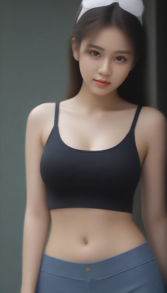 Indonesian girl with big breasts only wears a tank top, nipples protruding