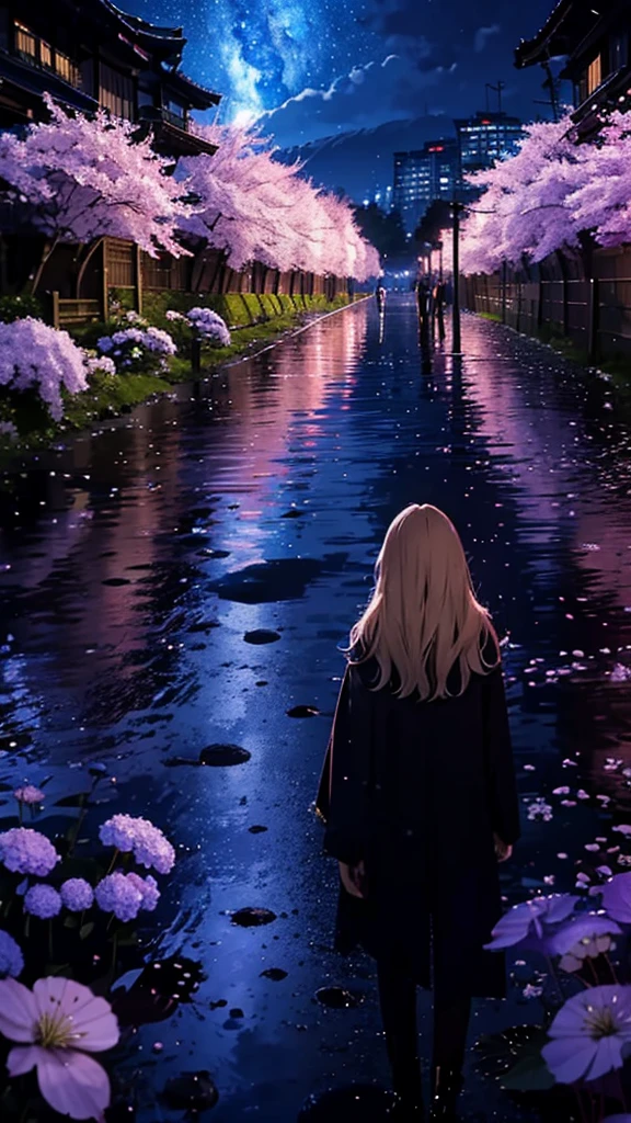 1people々々々,Blonde long hair,Long coat,silhouette, Rear View,Space Sky, milky way, Anime Style, cherry blossoms,夜cherry blossoms,Hydrangea flowers all around,Rainy night view from the mountainside,