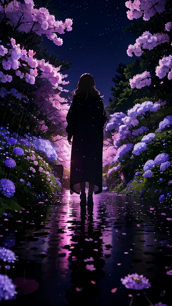 1people々々々,Blonde long hair,Long coat,silhouette, Rear View,Space Sky, milky way, Anime Style, cherry blossoms,夜cherry blossoms,Hydrangea flowers all around,Rainy night view from the mountainside,