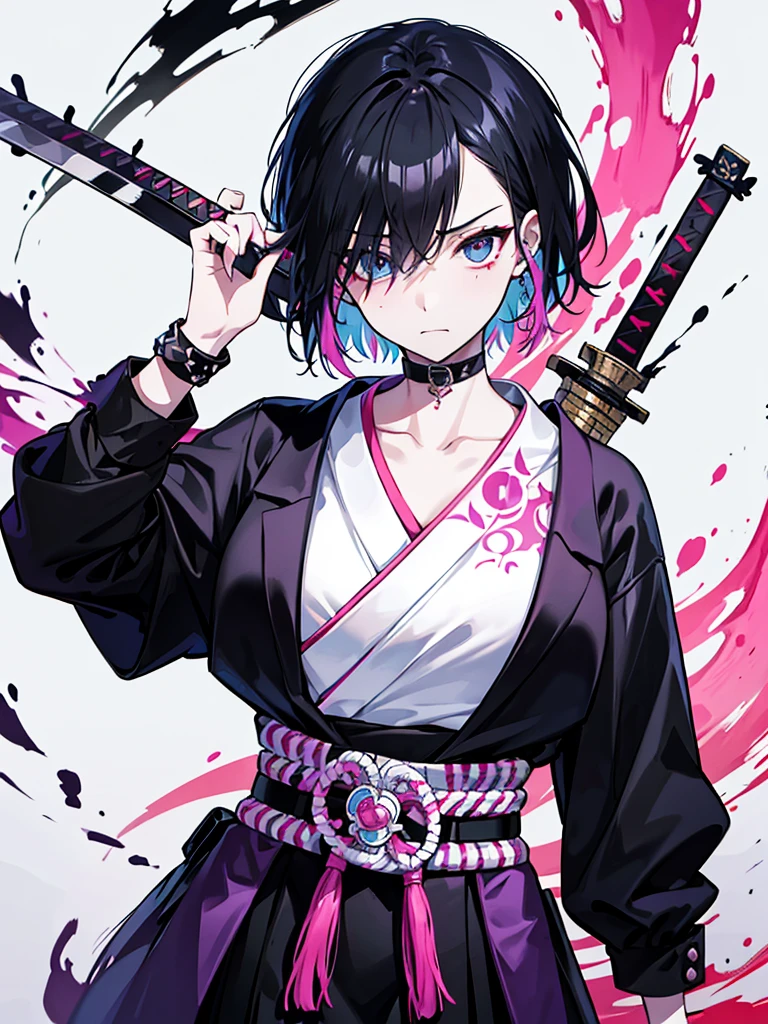 1 woman, wearing a stylish and edgy outfit, the color palette is mainly dark with splashes of vibrant colors, tailored white shirts, fashionable, woman, vibrant, outfit, colorful, accessory, majestic, sharp focus, modern, determined expression, closed one eye, disgusted face, embarrassed, Ink wash painting background, geometry tattoo, (cinematic), elaborate, holding japanese sword, katana, action pose, collarbone,