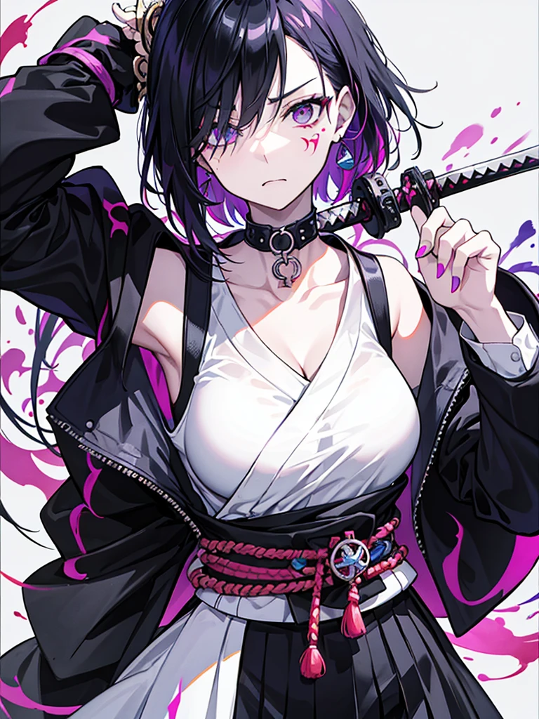1 woman, wearing a stylish and edgy outfit, the color palette is mainly dark with splashes of vibrant colors, tailored white shirts, fashionable, woman, vibrant, outfit, colorful, accessory, majestic, sharp focus, modern, determined expression, closed one eye, disgusted face, embarrassed, Ink wash painting background, geometry tattoo, (cinematic), elaborate, holding japanese sword, katana, action pose, collarbone,