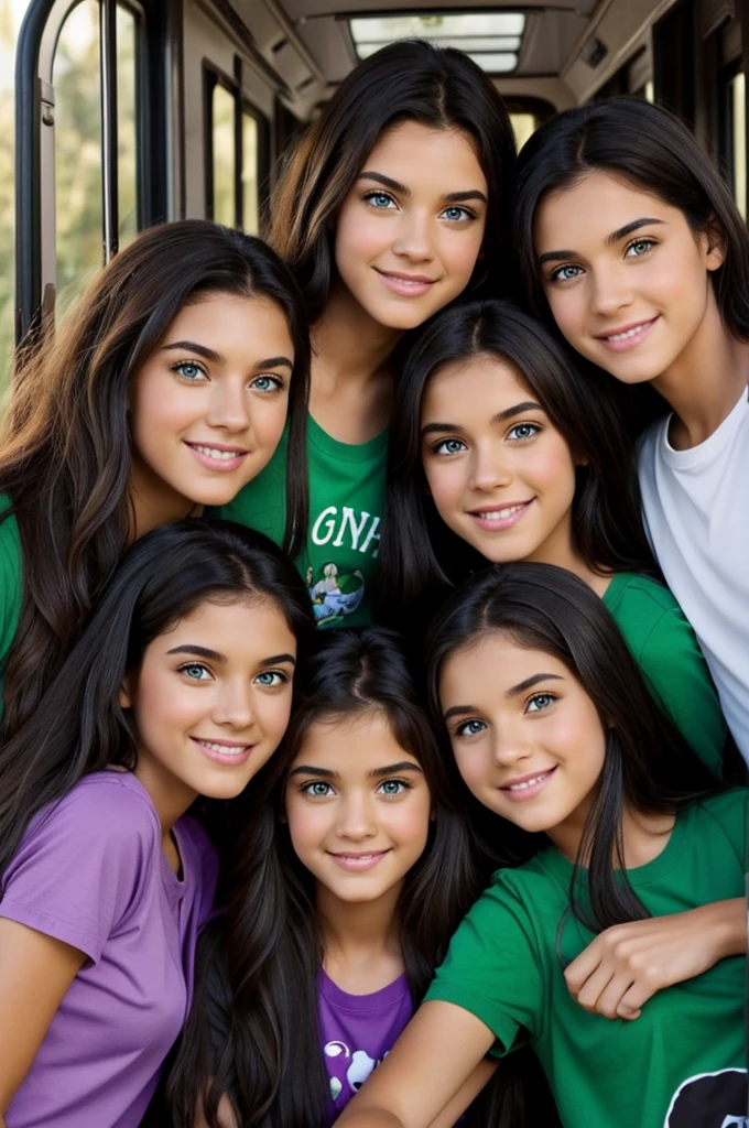 Make a Disney cover of 3 friends with green eyes and long cute hair,  have a purple shirt, the second one has black hair and the middle one has, Brown eyes , and black shirt , the third girl with brown skin , short black hair, los Brown eyes y delineado de gato en los ojos, with a green bus