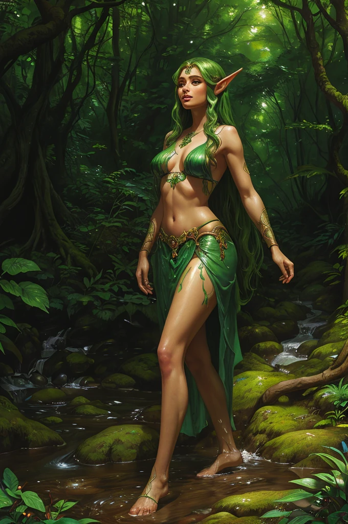 A beautiful rubenesque elf woman standing in a lush forest glade, with a small babbling brook flowing nearby, sunlight filtering through the trees, detailed face and features, long flowing hair, elegant pose, photorealistic, high quality, intricate details, vibrant colors, cinematic lighting