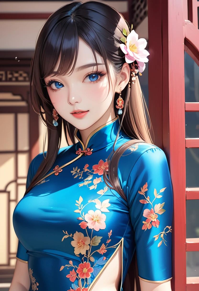 (masterpiece,best quality,high resolution),(((A really beautiful 25 year old girl))), Pretty Woman, very cute face, shiny lips, Both eyes have double eyelids,natural smile, natural makeup, long eyelashes, Shiny and soft hair, perfect limbs, complete anatomy,(((blue silk cheongsam)))